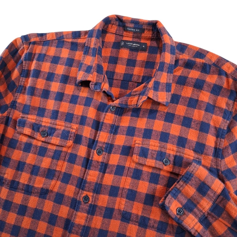 Lucky Brand Flannel Shirt Mens XL Orange Navy Blue Buffalo Check Classic‎ Fit